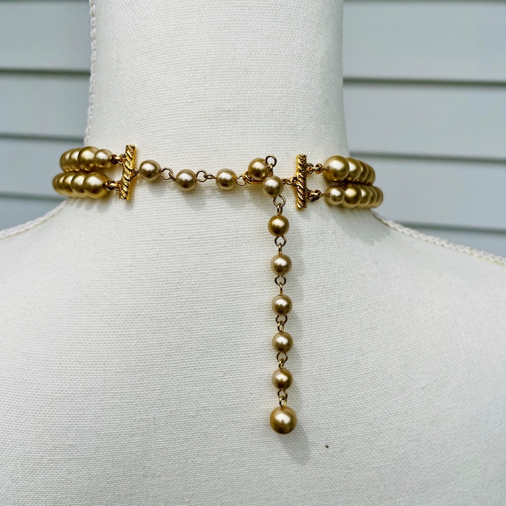 Vintage Gold Double Strand Faux Pearl Choker Necklace Chunky Graduated Hook 18in - Picture 5 of 15